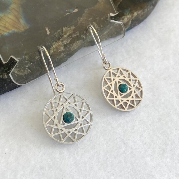 Sterling Silver Openwork Round Mandala Trinity Star Chrysocolla Dangle Earrings - Picture 2 of 16